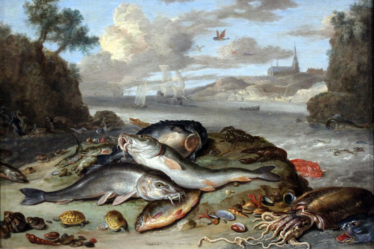 Stilleben med fisk og marine dyr i et kystlandskap av Jan van Kessel the Elder