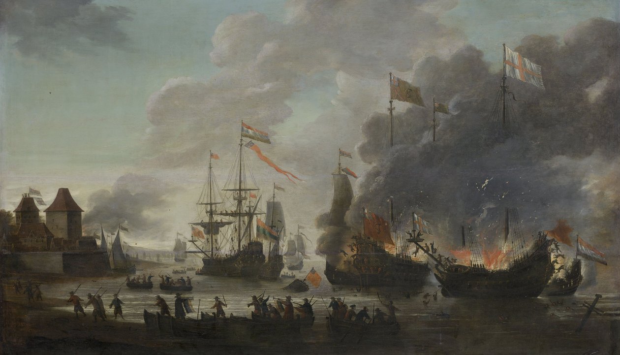 Nederlenderne brenner engelske skip under ekspedisjonen til Chatham, 20. juni 1667 (Raid on the Medway), ca. 1667 av Jan van Leyden