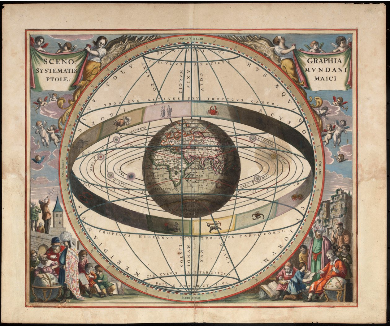 Fra Andreas Cellarius Harmonia Macrocosmica, 1660/61. Diagram som viser tegn på dyrekretsen og solsystemet med verden i sentrum. Plate 2 av Jan van Loon  