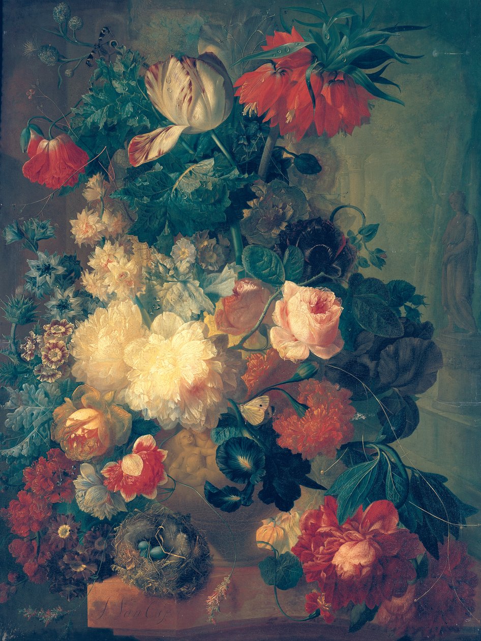 Blomster i en vase med et fuglerede av Jan van Os