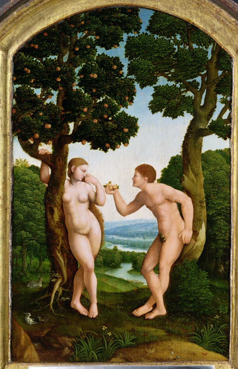 Adam og Eva i paradis (tempera på panel) av Jan van Scorel