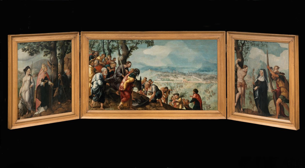 Triptykon med Kristi inntog i Jerusalem, hellige og på utsiden av vingene, beskyttere av Van Lokhorst -familien av Jan van Scorel