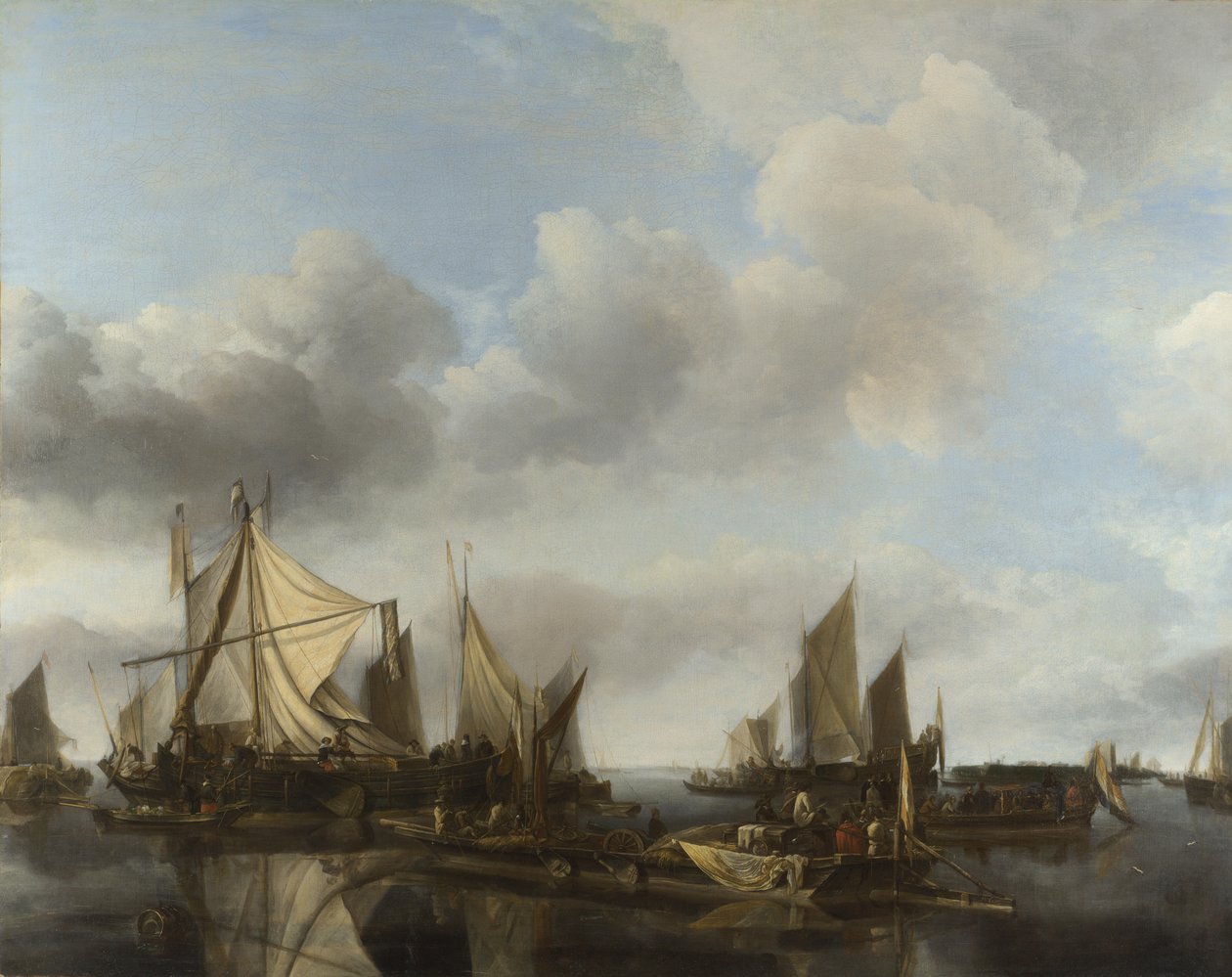 En elvescene med en stor ferge og mange fartøyer av Jan van de Cappelle