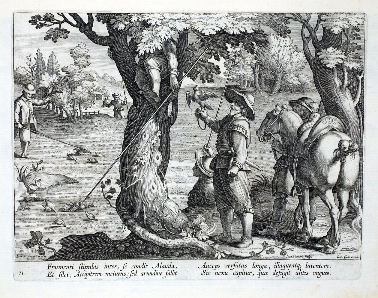 Fuglefangere som bruker stenger med ringer på for å fange fugler, illustrasjon fra 'Venationes, Ferarum, Avium, Piscium' (Of Hunting: Wild Beasts, Birds, Fish), gravert av Jan Collaert (1566-1628), pub. av Phil av Jan van der Straet
