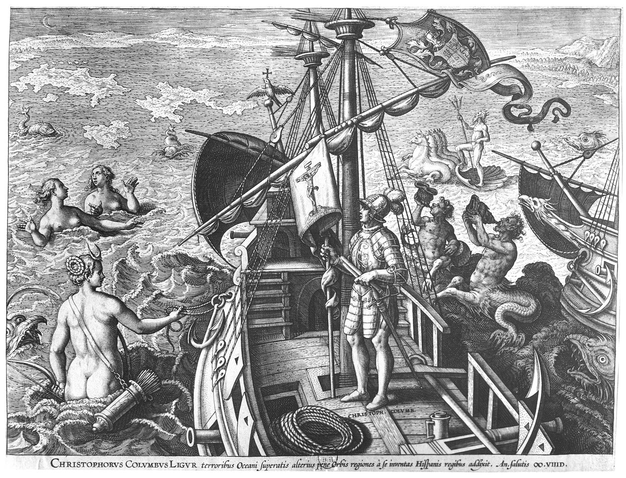 Christopher Columbus (1451-1506) om bord på karavellen sin og oppdaget Amerika av Jan van der Straet