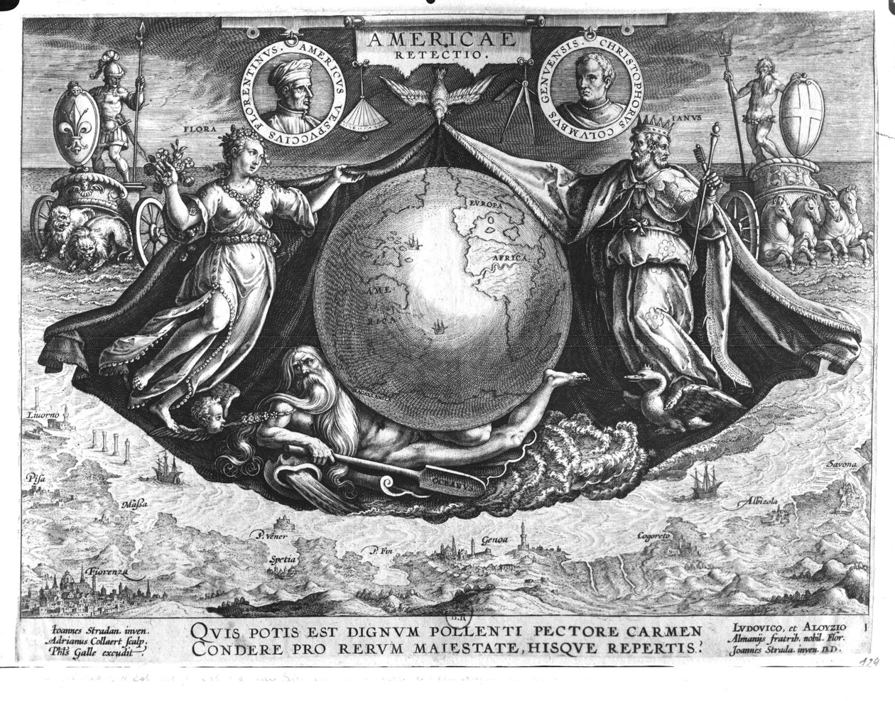 Discovery of America med portretter av Amerigo Vespucci (1454-1512) og Christopher Columbus (1451-1506) gravert av Jan Collaert (1566-1628) trykt av Philipp Galle (1537-1612) ca. 1600 (f. av Jan van der Straet