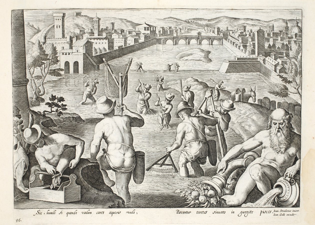 Fiske i grunt vann med nett, plate 96, illustrasjon fra 