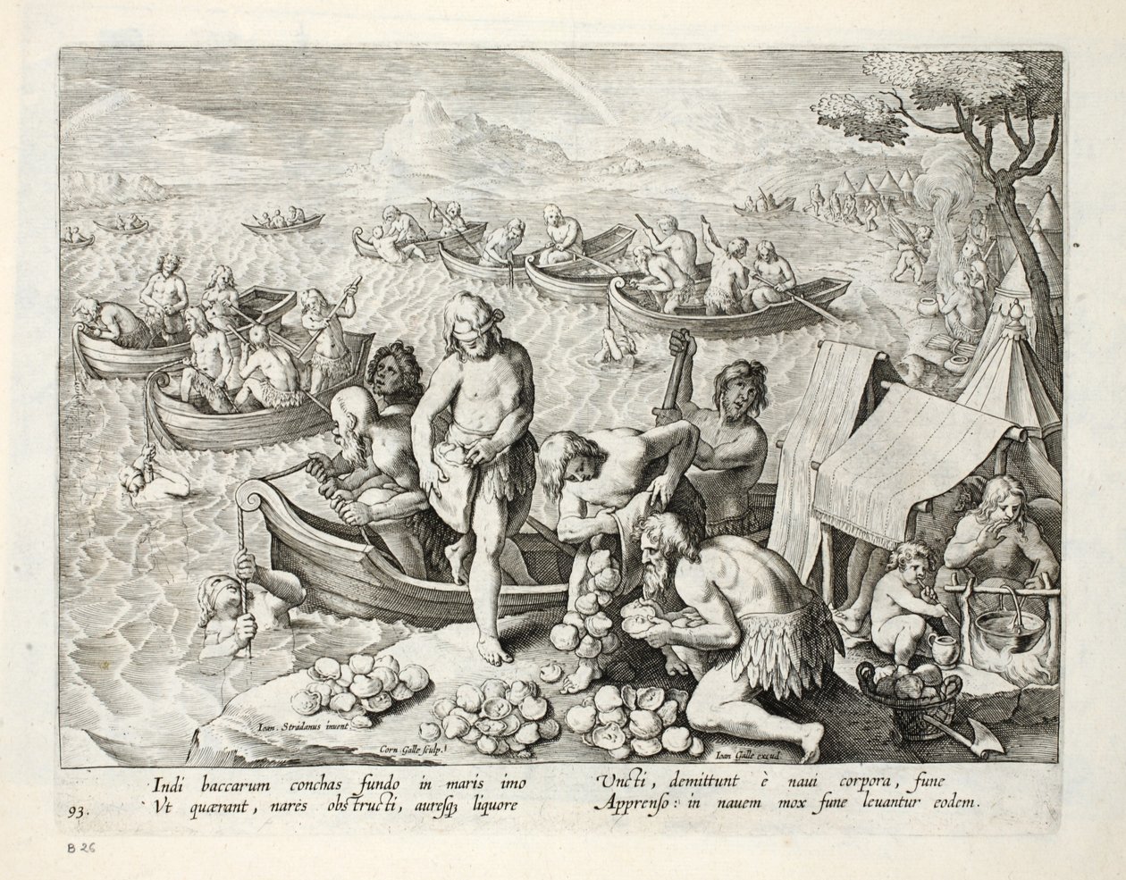Indianere som dykker etter perler, plate 93, illustrasjon fra 
