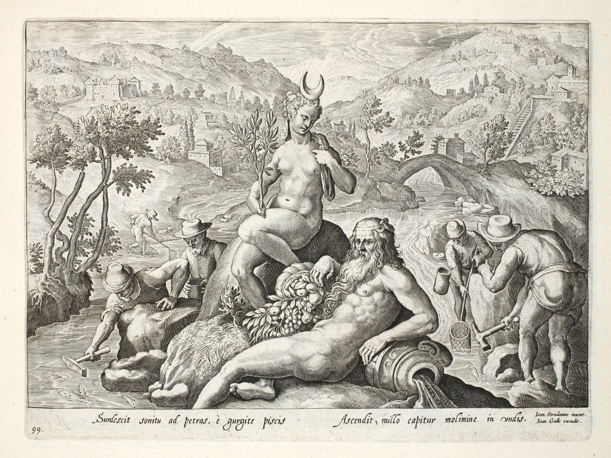 Metode for å fange fisk i garn ved å banke mot steinene, illustrasjon fra 'Venationes, Ferarum, Avium, Piscium' (Of Hunting: Wild Beasts, Birds, Fish), gravert av Jan Collaert (1566-1628), pub. av Jan van der Straet