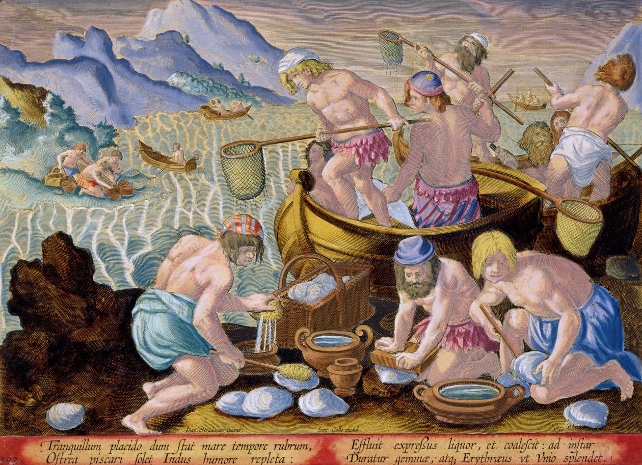 Natives Fishing for Giant Clams on the Indus, plate 102 fra 'Venationes Ferarum, Avium, Piscium' (Of Hunting: Wild Beasts, Birds, Fish) gravert av Jan Collaert (1566-1628) utgitt av Phillipus Gal av Jan van der Straet
