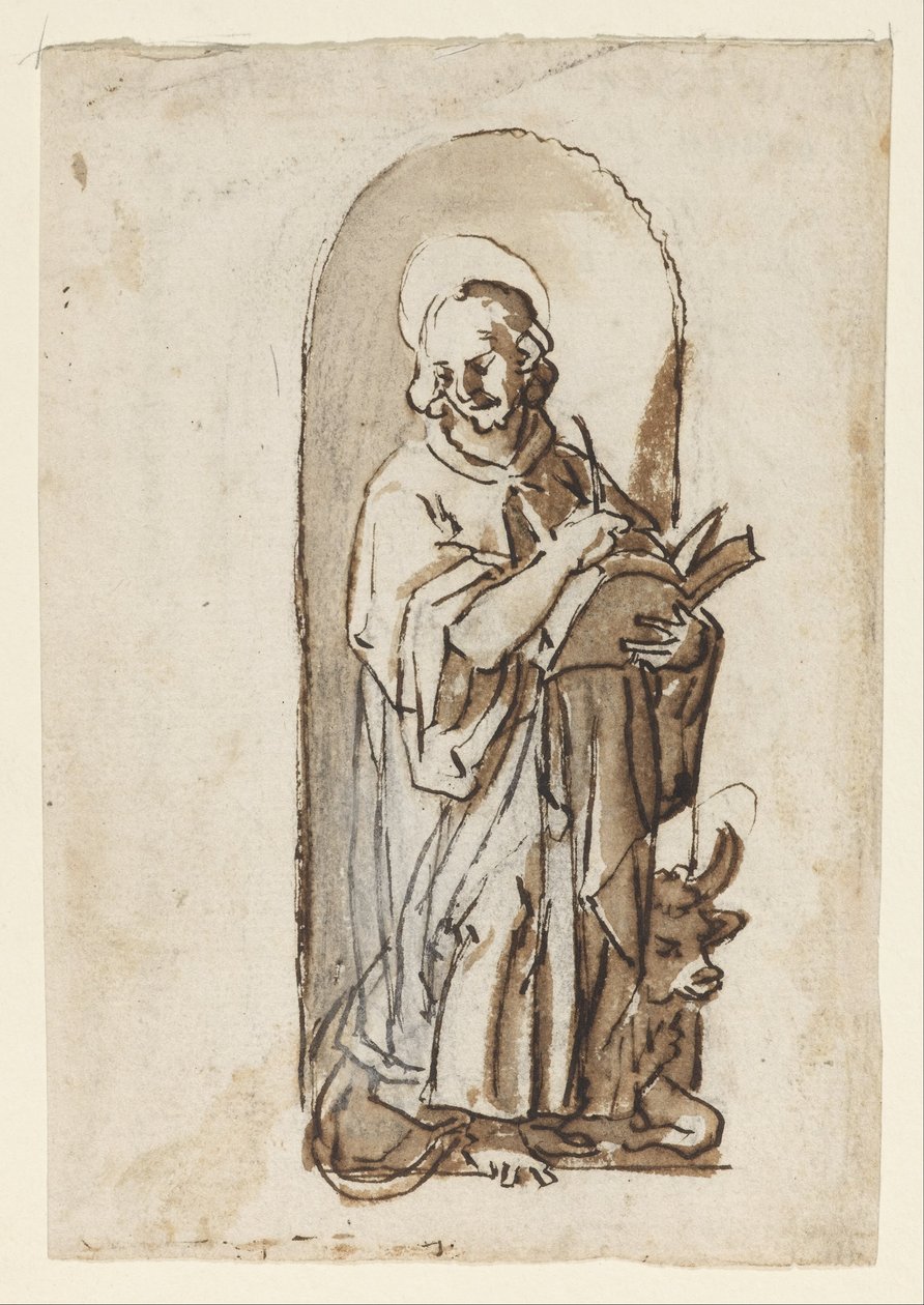 Side fra en skissebok som viser St. Luke. av Jan van der Straet