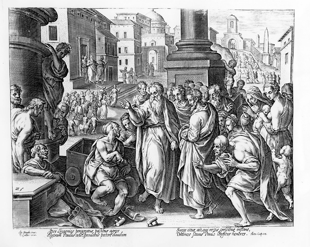 De hellige Paulus og Barnabas forkynner i Lystra, gravert av P. Galleus av Jan van der Straet