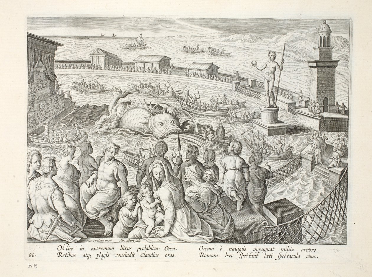 Sjømonster angriper en båt under et skue i en marin innhegning ved Ostia, plate 85, illustrasjon fra 
