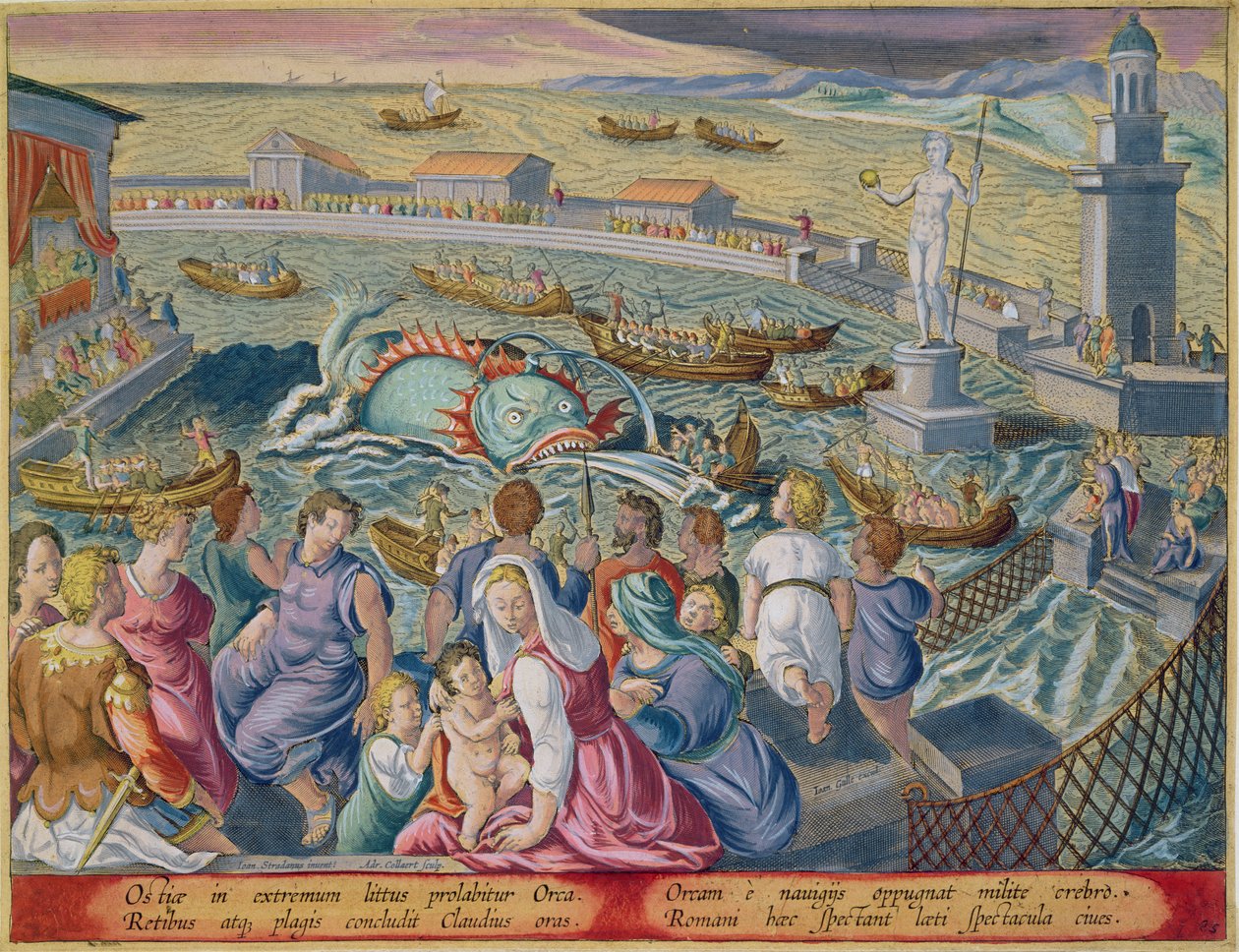 Sjømonster angriper en båt under et skue i en marin innhegning ved Ostia, plate 85 fra 'Venationes Ferarum, Avium, Piscium' (Of Hunting: Wild Beasts, Birds, Fish) gravert av Jan Collaert (1566) av Jan van der Straet