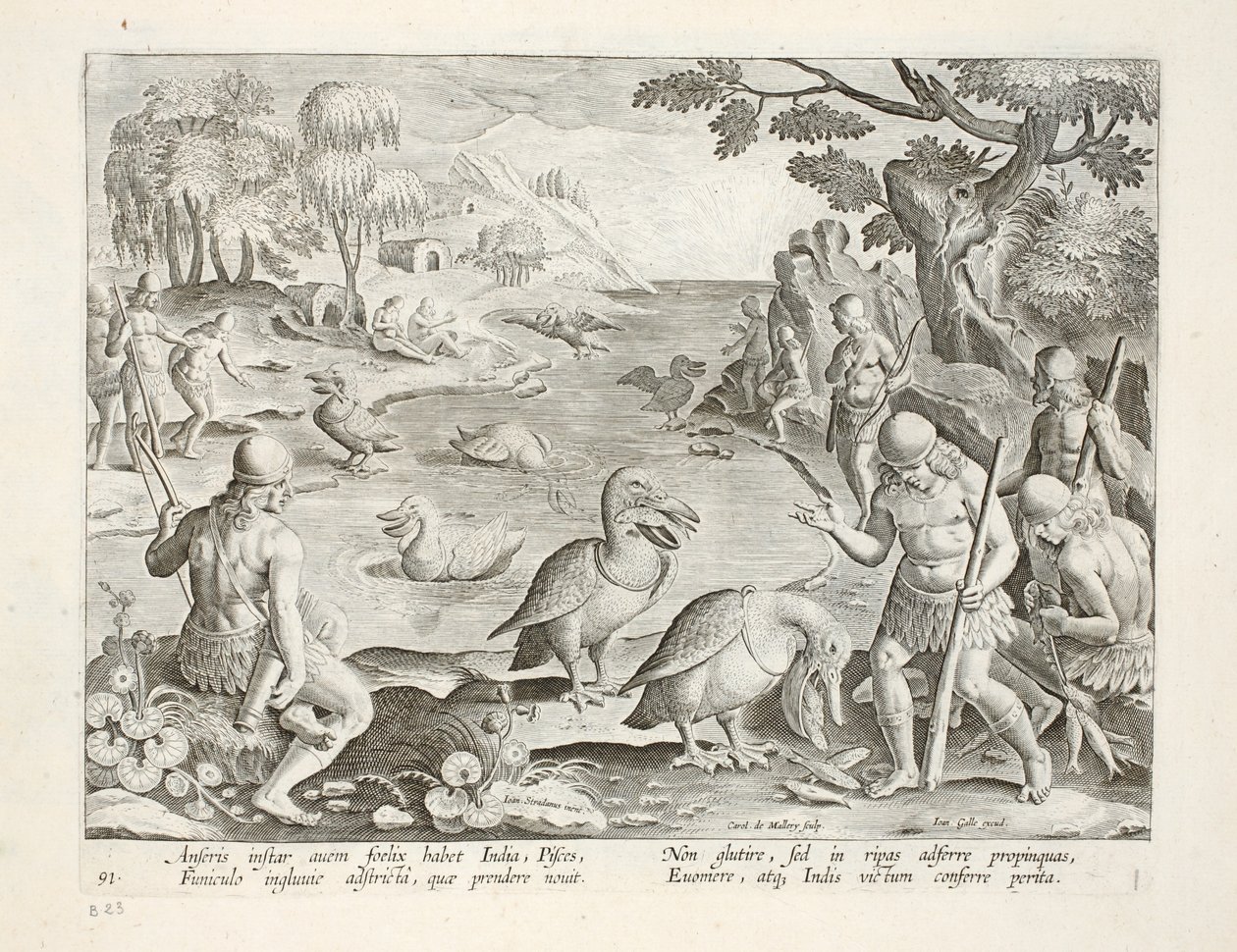 Halvnakne villmenn fra India som bruker pelikaner til å fange fisk, plate 91, illustrasjon fra 