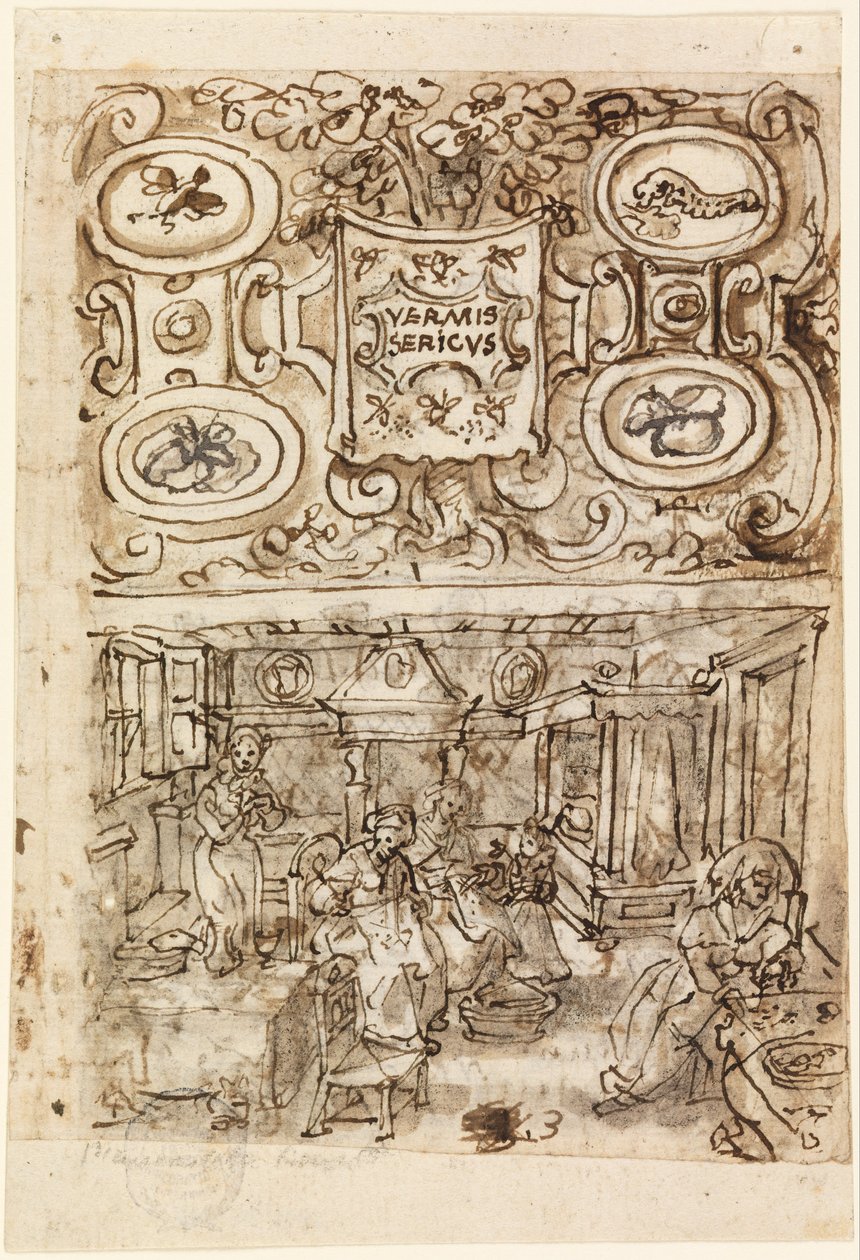 Tittelside for Sericulture -serien (Vermis Sericus) av Jan van der Straet