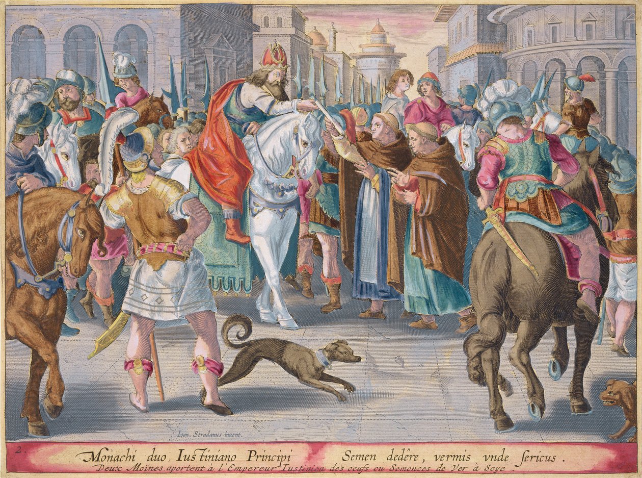 To munker presenterer silkeorm smuglet fra Kina til keiser Justinian, plate 2 fra 