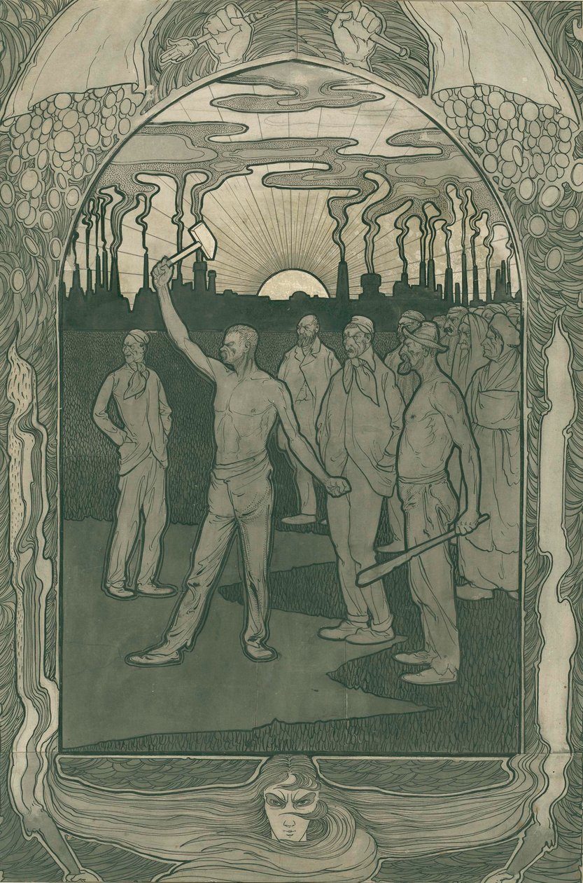 Fabrikkarbeidere står sterkt samlet, 1900 (penn på papir) av Jan van der Vaardt