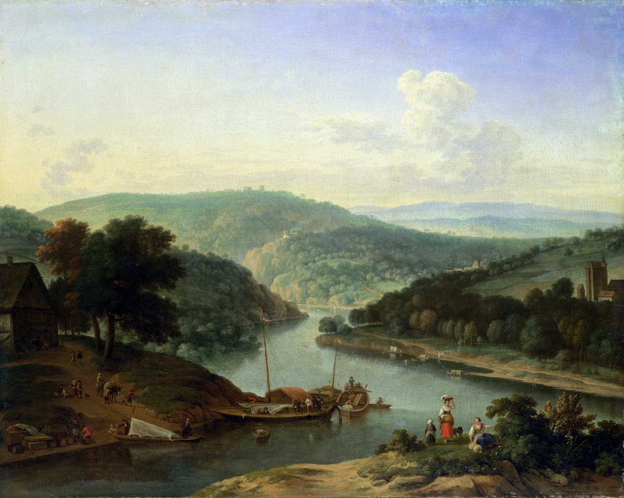 Elvelandskap, 1697 av Jan van der the Younger Meer