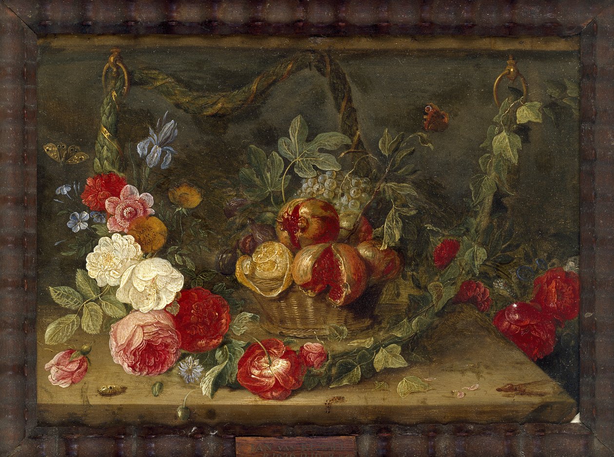 Dekorativ stillebenskomposisjon med en fruktkurv (olje på kobber) av Jan van Kessel the Elder