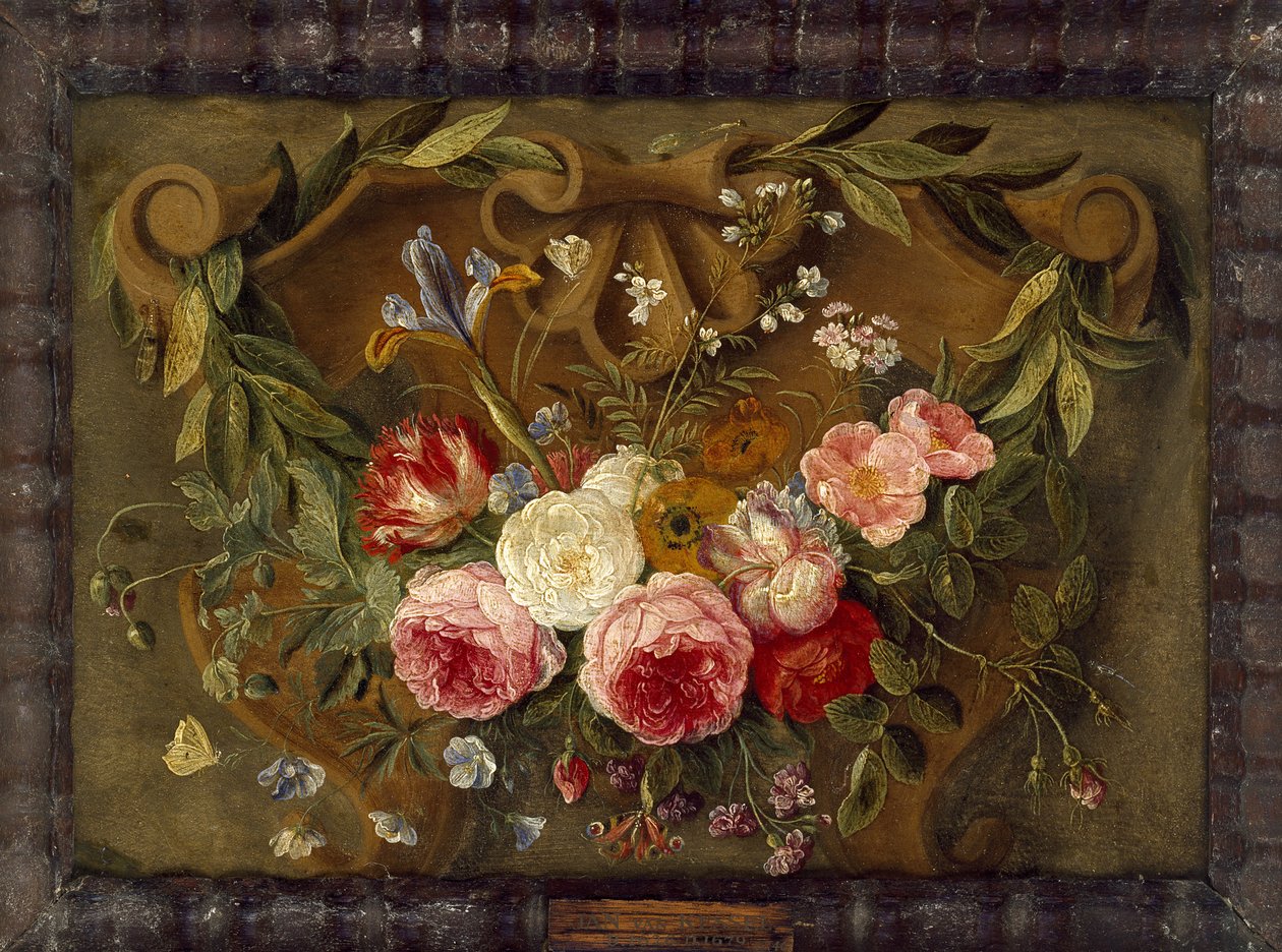Dekorativ stillebenskomposisjon med en krans av blomster (olje på kobber) av Jan van Kessel the Elder
