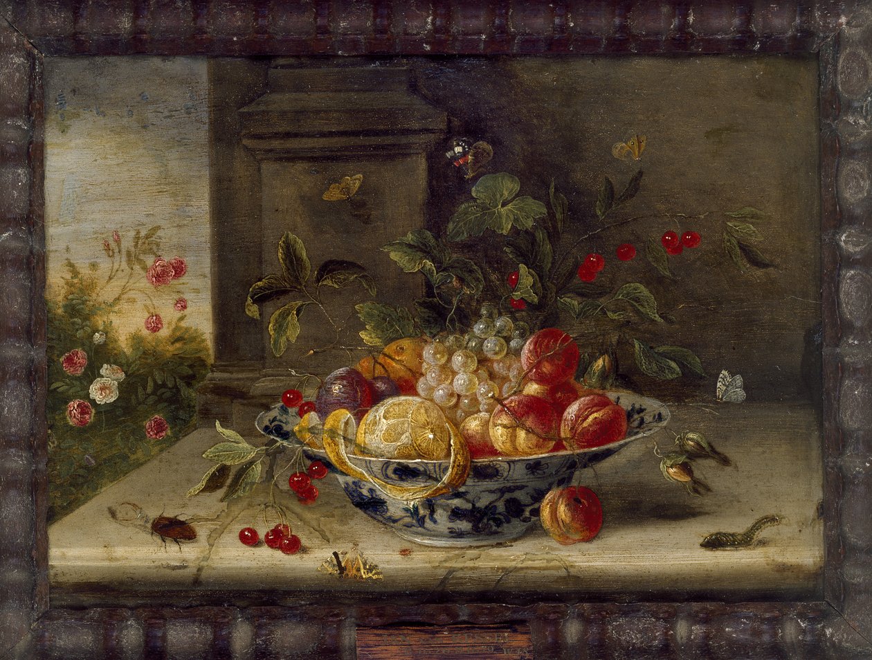 Dekorativ stillebenskomposisjon med porselensskål, frukt og insekter (olje på kobber) av Jan van Kessel the Elder