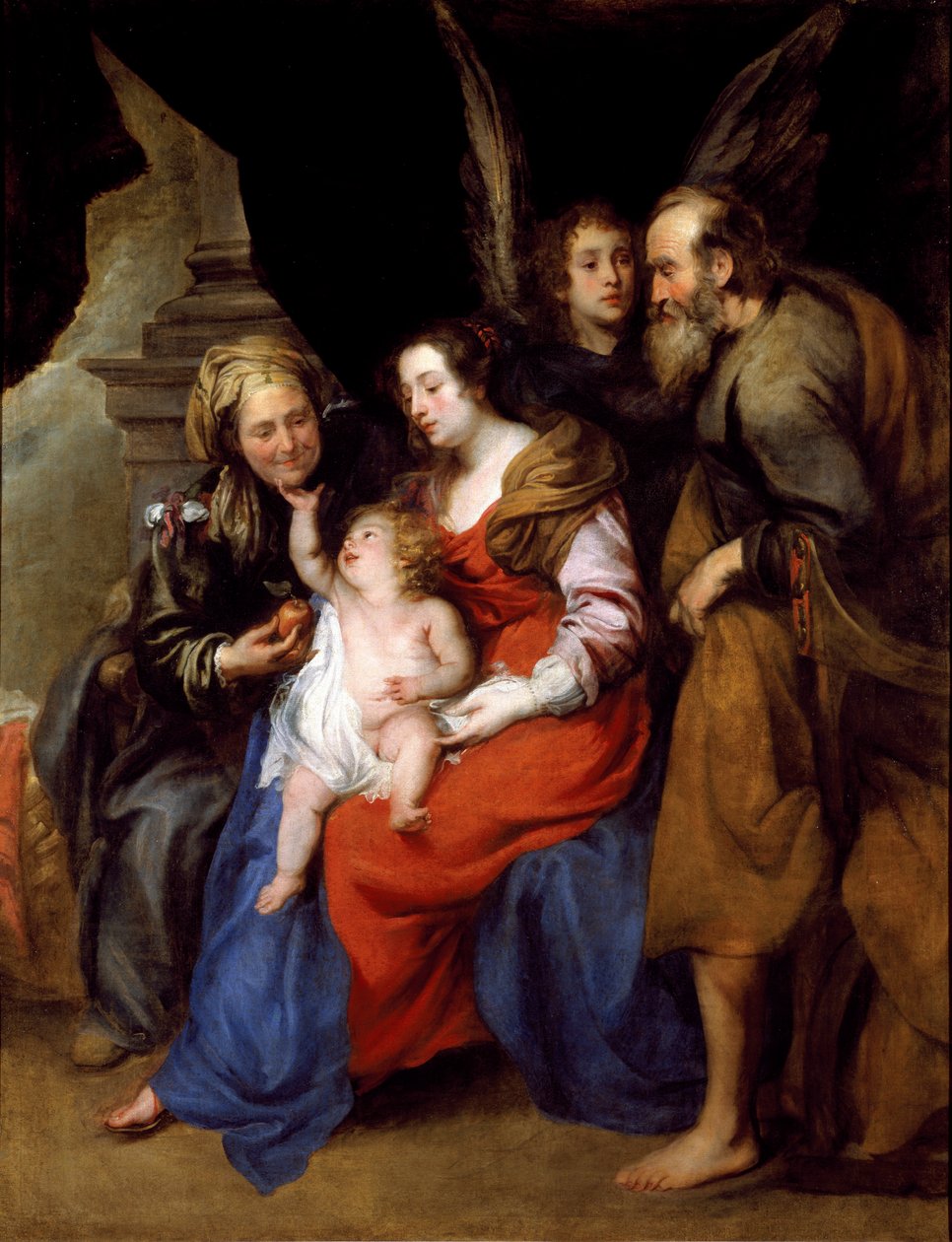 Portrett av den hellige familie med St Anne, mor til Maria og en engel (olje på lerret av Jan Roos