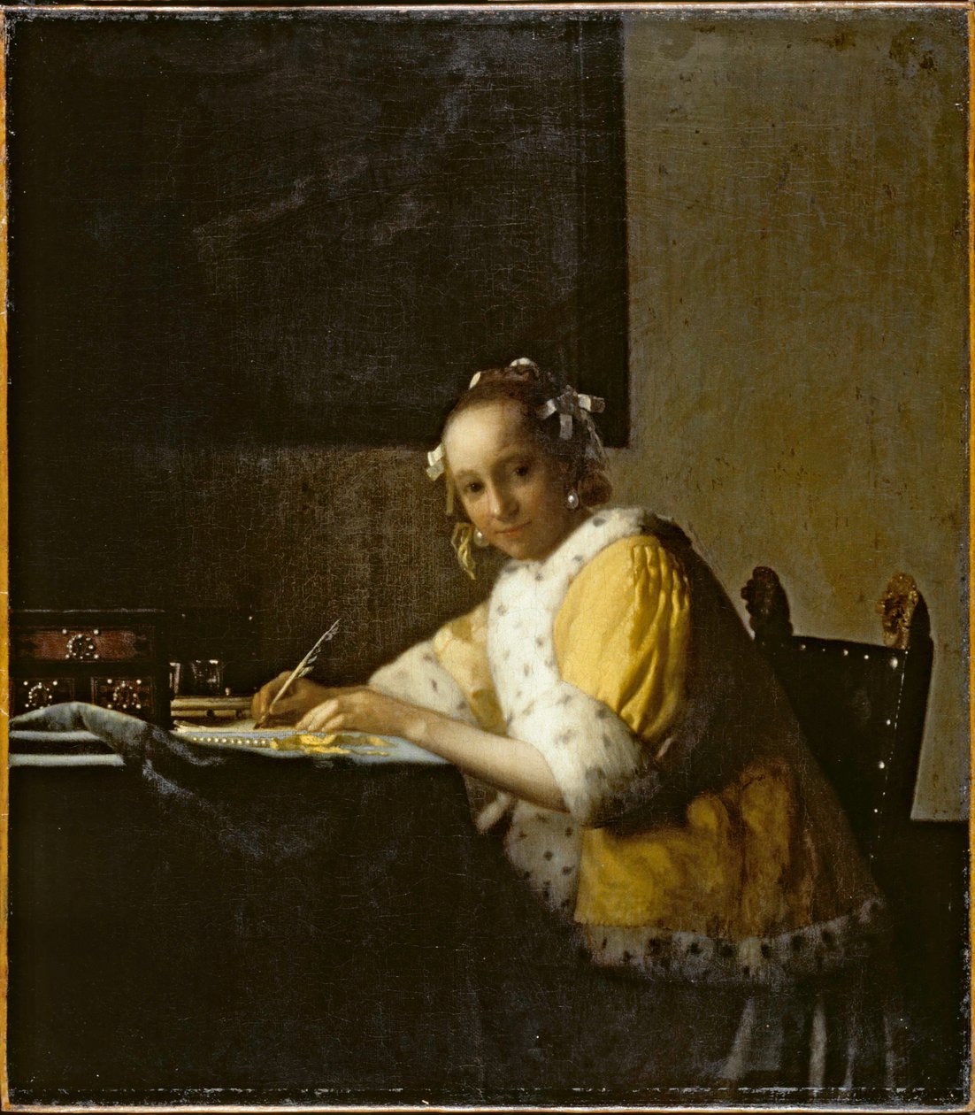En dame som skriver … (olje på lerret) av Jan (1632-75) Vermeer