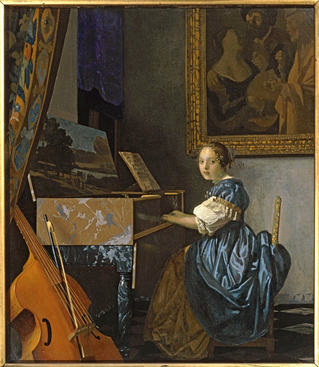 En ung kvinne sittende ved jomfruelig … (maleri på lerret) av Jan (1632-75) Vermeer
