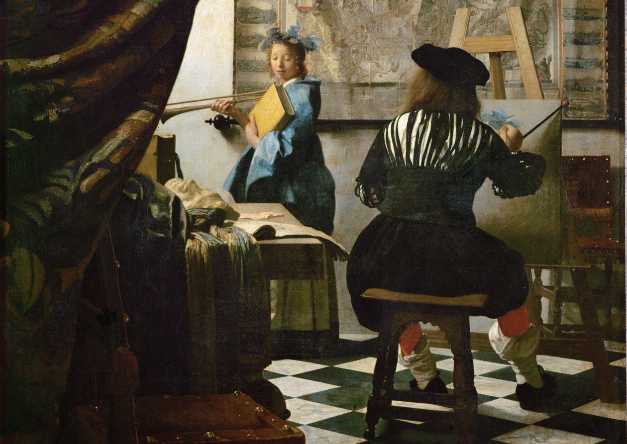 Maleren og modellen hans som Klio (olje på lerret) av Jan (1632-75) Vermeer