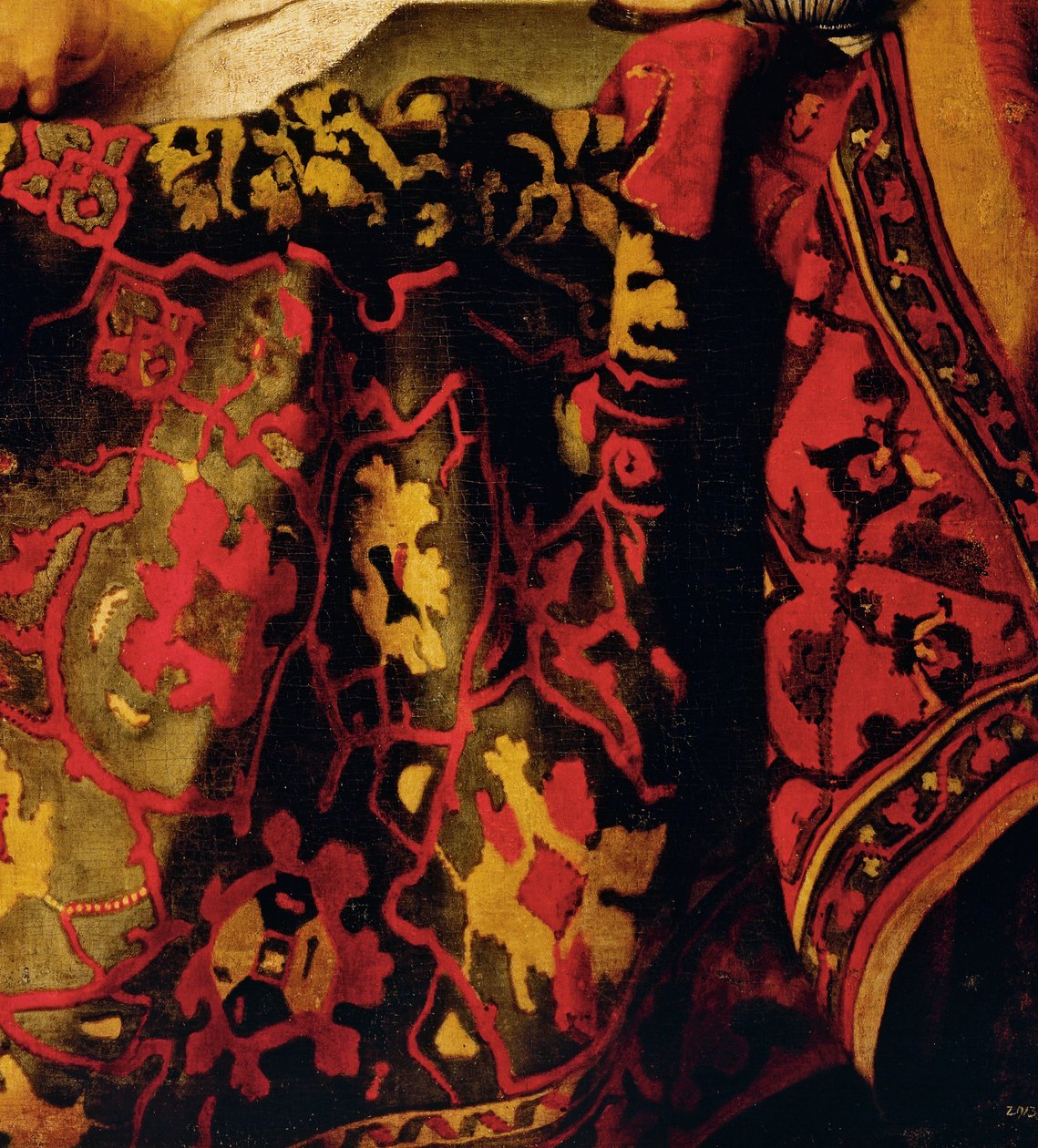 Brodert kjole, detalj fra The Procuress av Jan (attr. to) Vermeer
