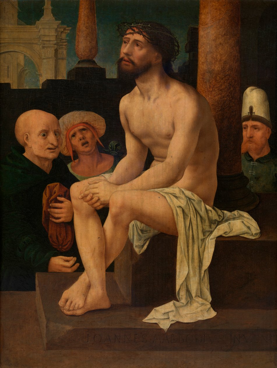 Kristus sitter på den kalde steinen (olje på panel) av Jan (c.1472 c.1533) Gossaert