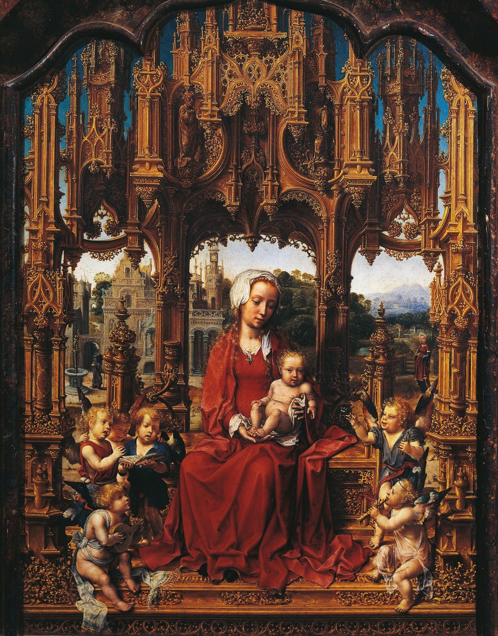 Madonna med barne- og englemusikere, sentralpanel i Malvern Triptych av Jan (c.1472 c.1533) Gossaert