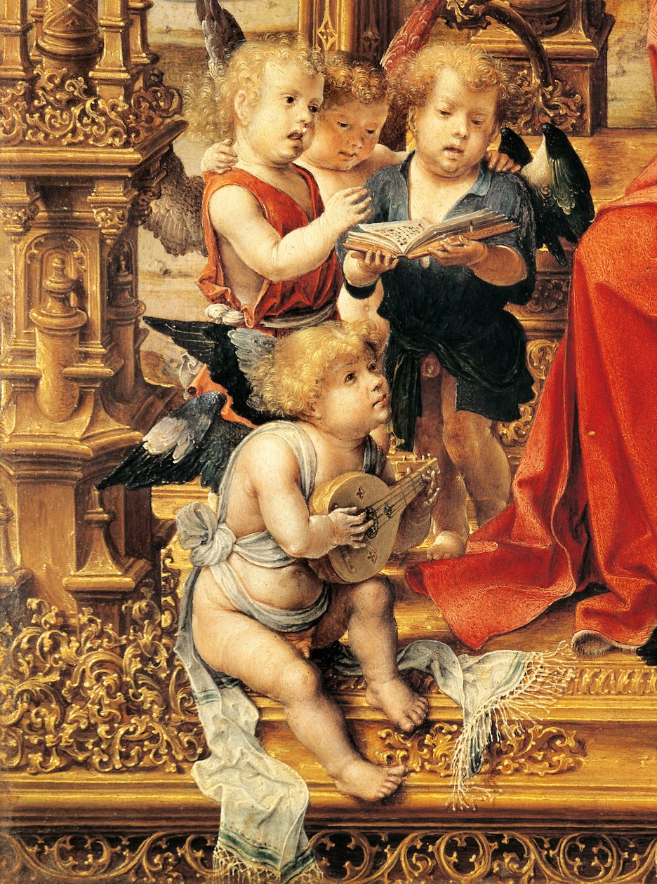 Engler som spiller musikkinstrumenter, detalj fra sentralpanelet til Malvern-triptyken av Jan (c.1472 c.1533) Gossaert