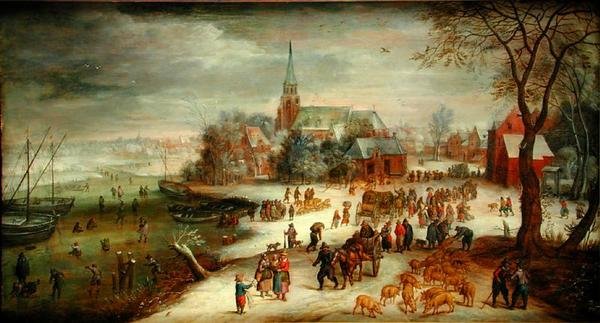 Utsikt over Shelle og elven Schelde om vinteren med marked og skatere av Jan (follower of) Brueghel