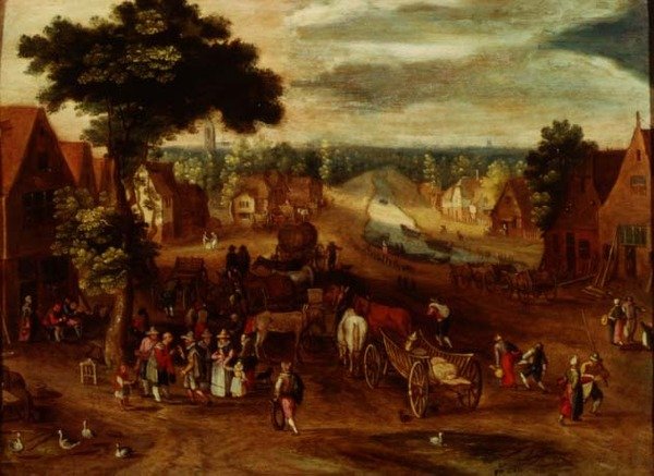 En landsby med reisende utenfor et vertshus av Jan (follower of) Brueghel