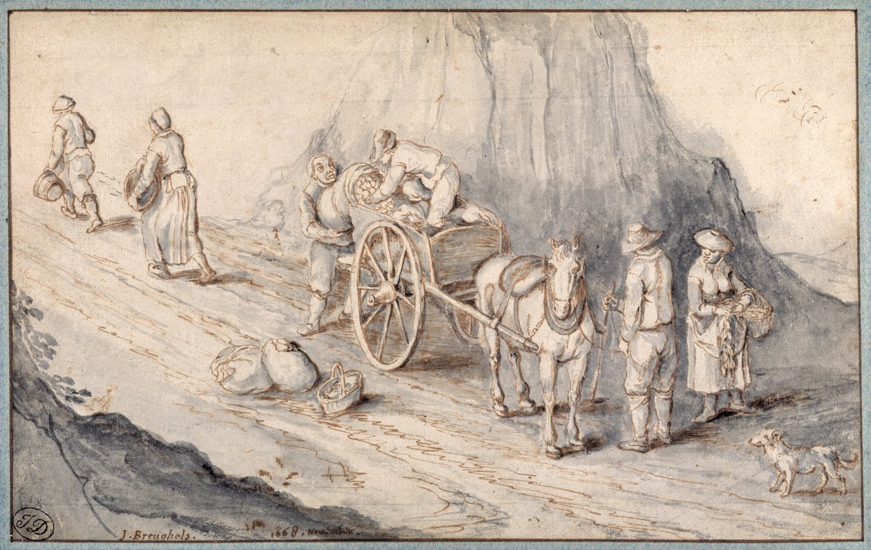 Bønder laster en en-hests vogn med rotgrønnsaker (penn og blekk med vask på papir) av Jan (follower of) Brueghel