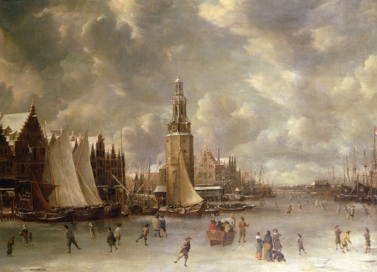 Vinterlandskap med Montelbaanstoren, Amsterdam (olje på lerret) av Jan Abrahamsz. Beerstraaten