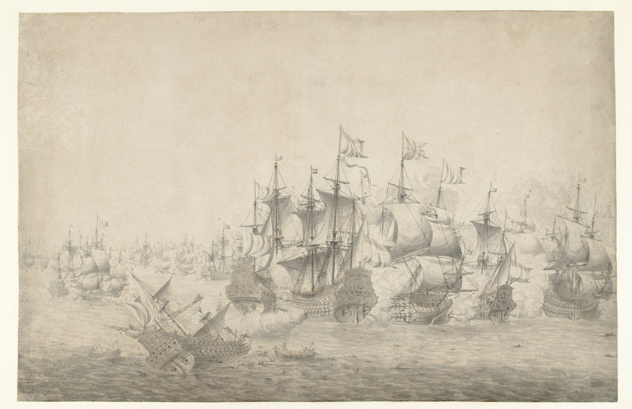 Et sjøslag, muligens ved Lowestoft 13. juni 1665 (venstre side) av Jan Abrahamsz. Beerstraten (possibly)