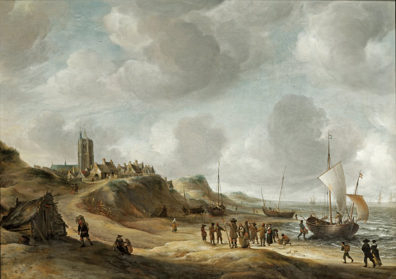 Utsikt over Egmond aan Zee med fiskere på stranden og frakt offshore av Jan Abrahamsz. Beerstraten