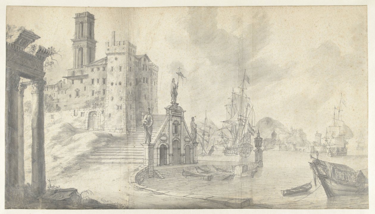 Havneutsikt i en by ved Middelhavet av Jan Abrahamsz. Beerstraten