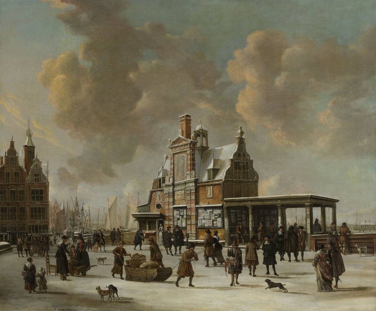 Paalhuis og Nieuwe Brug, Amsterdam, om vinteren av Jan Abrahamsz. Beerstraten