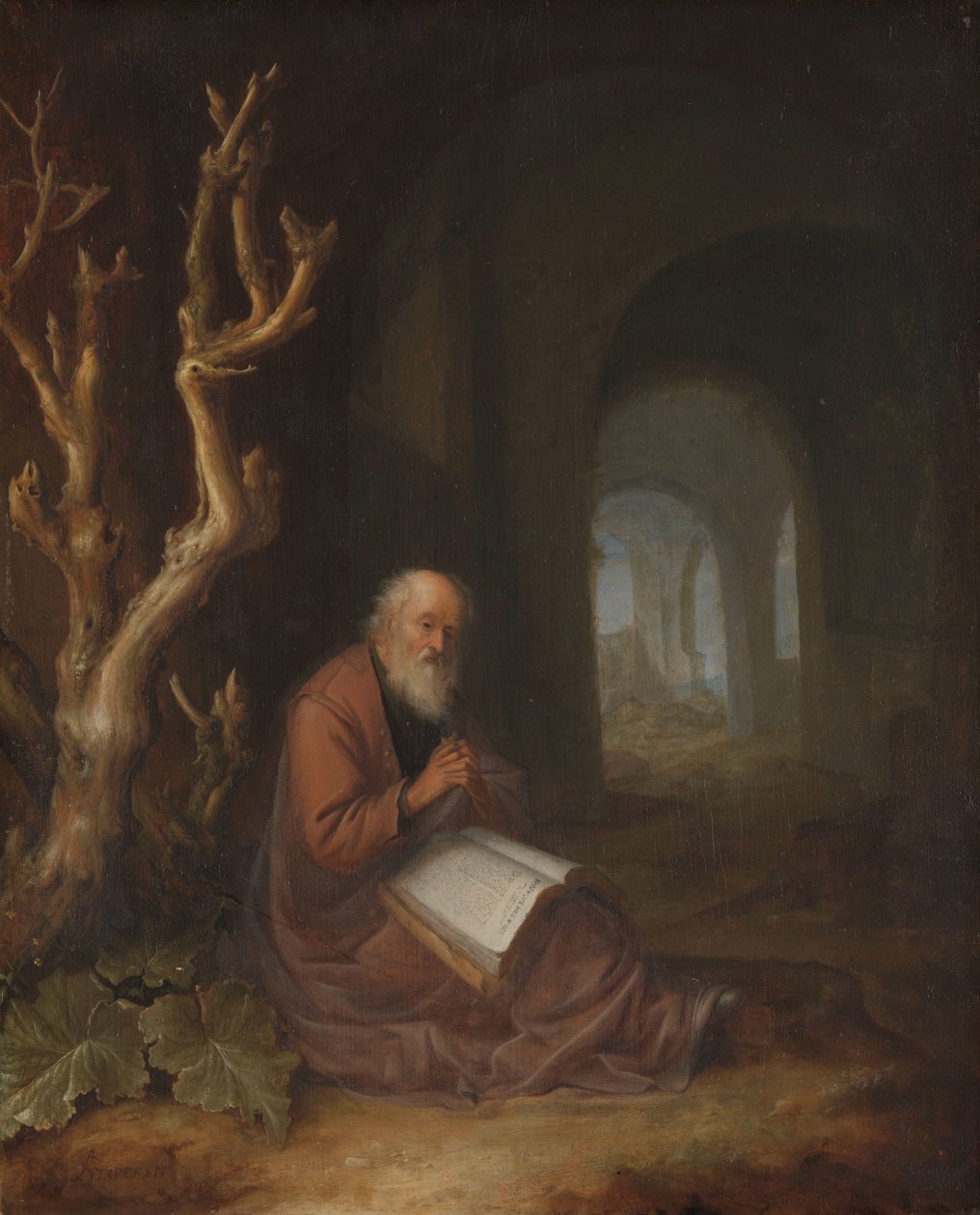 En eremitt ber i en ruin av Jan Adriaensz. van Staveren
