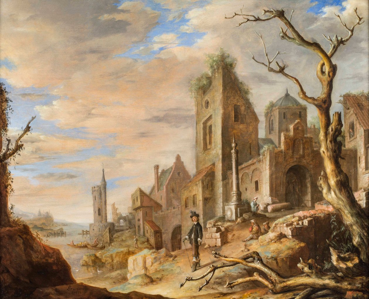 Et elvelandskap med en middelalderby av Jan Adriansz van Staveren