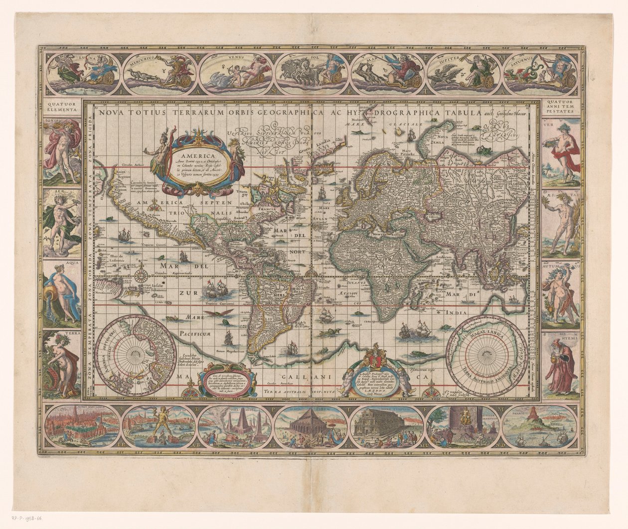 Wereldkaart met dekorative randen Et nytt geografisk og hydrografisk kart over hele verden av Jan Aertse van den Ende
