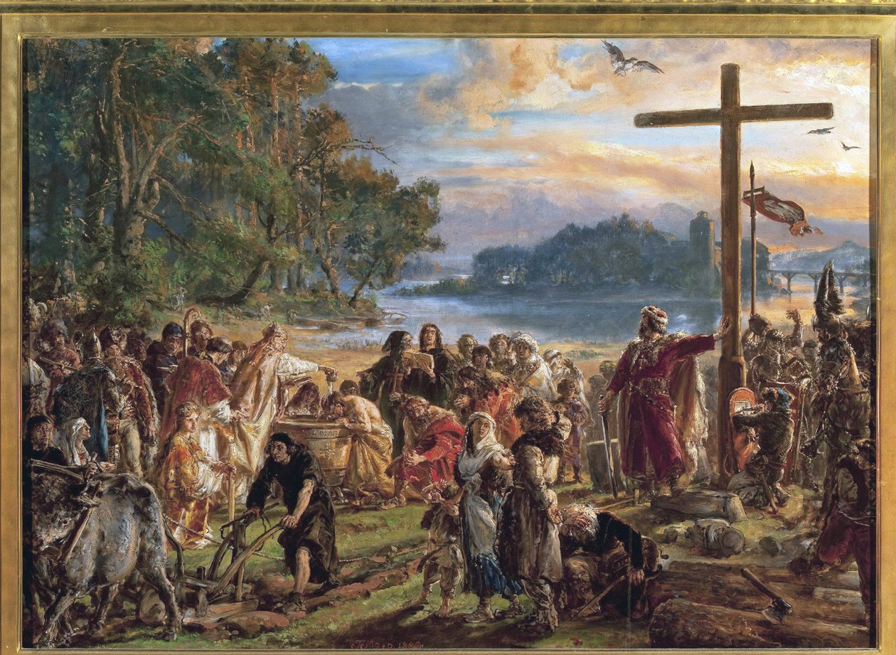 La chhristiannisation de la Pologne, 966 - The Christianization of Poland, 966. Fra serien History of Civilization in Poland, av Matejko, Jan Alojzy (1838-1893). Olje på tre av Jan Alojzy Matejko