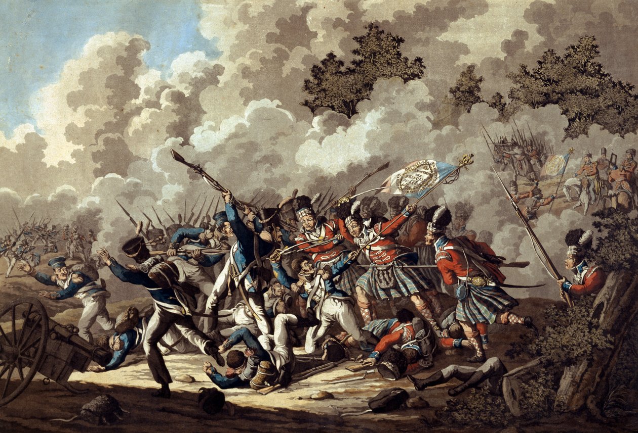Nederlag av den franske garde av Highlanders, La Haye Sainte, under slaget ved Waterloo, 1815 (farget akvatint) av Jan Anthonie Langendyk
