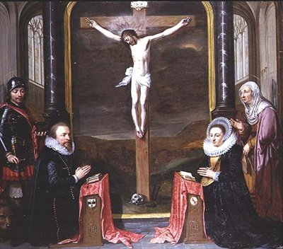 En korsfestelse med portretter av giverne Adriaen Meusyenbroeck og hans kone, Anna Elant, deltatt av St. Adrian og St. Elizabeth av Jan Anthonisz. van Ravesteyn