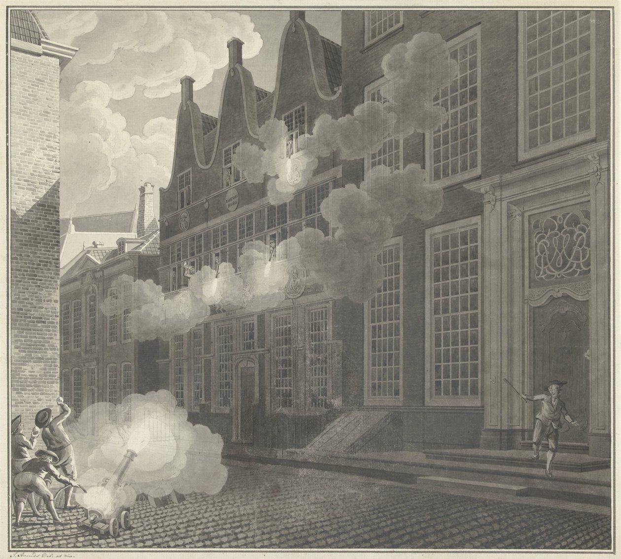 Avskalling av Lucas van Stevenincks hus, 1787 av Jan Arends (signed by artist)