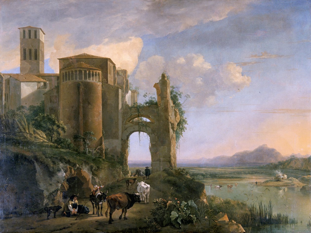 'Elvelandskap med kirken SS Giovanni e Paolo, Roma', ca. 1630-1652 av Jan Asselijin
